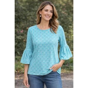 Chico's Size 0 (Sm) Blue Geometric Print 3/4 Bell Sleeve Knit Top Stretch Blouse